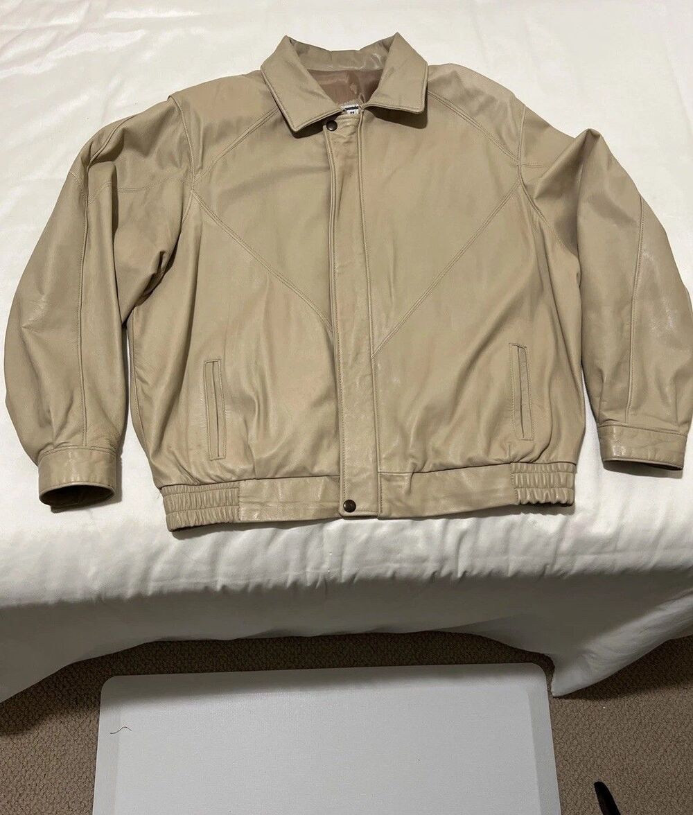 Italian Leather Jacket Mens XL Tan Beige Lightweight Zip Vera Pelle ITALY VTG